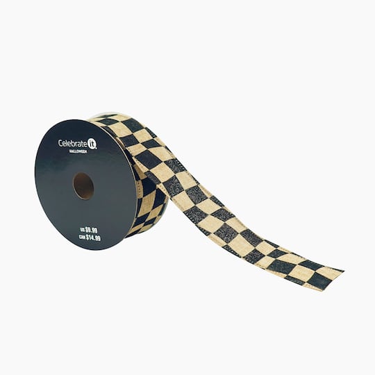 1.5" x 10yd. Wavy Black Check Wired Faux Linen Ribbon by Celebrate It®